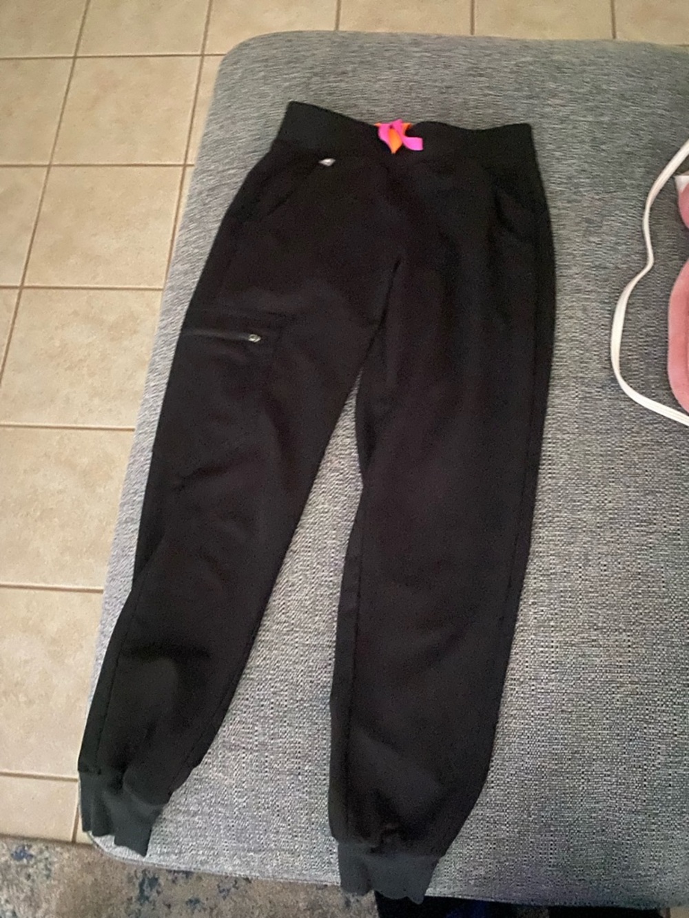 Scrub Black Jogger Sweatpants with Pink Drawstring